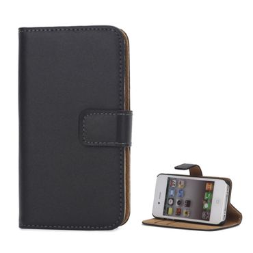 Wallet Case für Apple iPhone 4 4S Genuine Split Echt Leder, Farbe: Schwarz