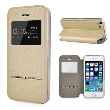 Wallet Case für Apple iPhone SE 5 5S Window View Metal Slide Touch, Farbe: Gold