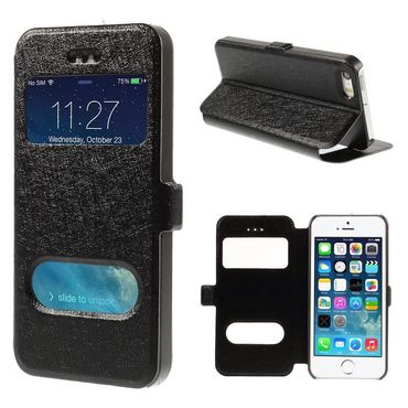 Wallet Case für Apple iPhone SE 5 5S Dual Window View Silk Book Etui, Farbe: Schwarz