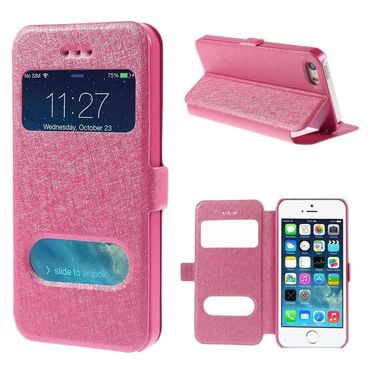 Wallet Case für Apple iPhone SE 5 5S Dual Window View Silk Book Etui, Farbe: Rosa
