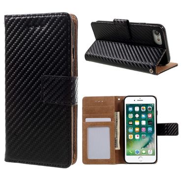 Wallet Case für Apple iPhone 8 7 SE 2020 Carbon Fiber Optik Etui, Farbe: Schwarz