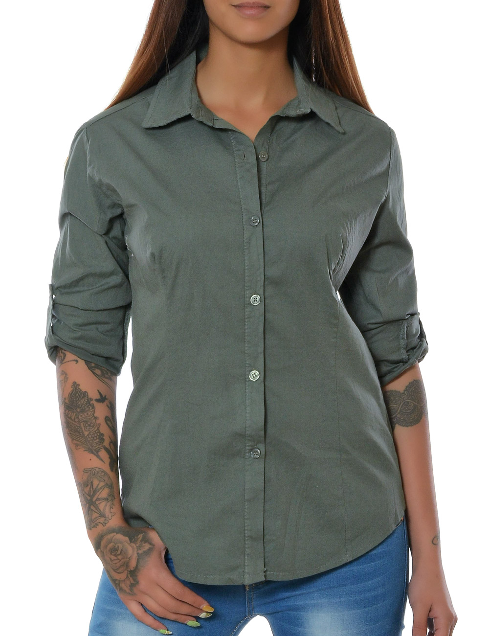Damen Kragen Hemd Shirt Lange Long Arm Casual Plain Knopf Office Bluse Oberteil