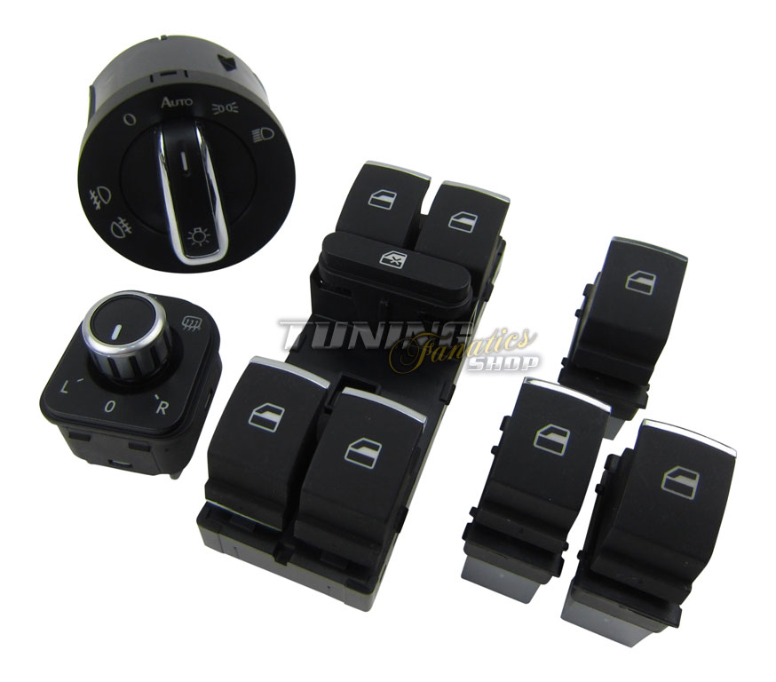 Chrom Fensterheber Spiegel Schalter Taster Lichtschalter KOMPLETT - SET für VW