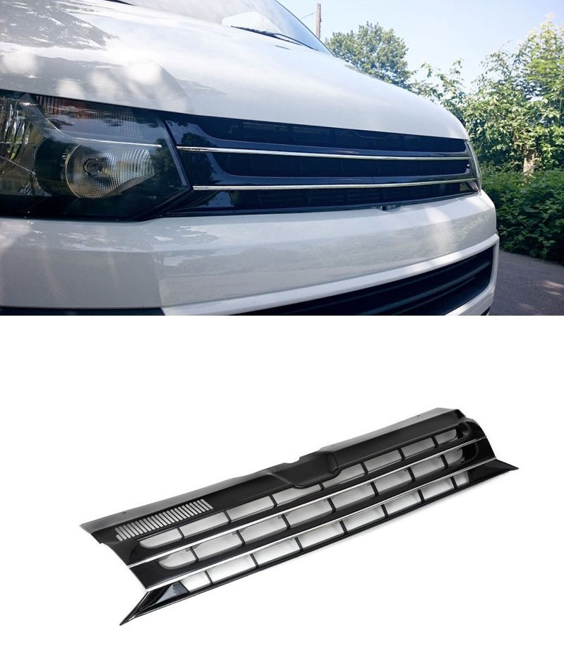 Kühlergrill Sportgrill Gitter Front Grill Chrom Emblem Schwarz für VW T5 2009-