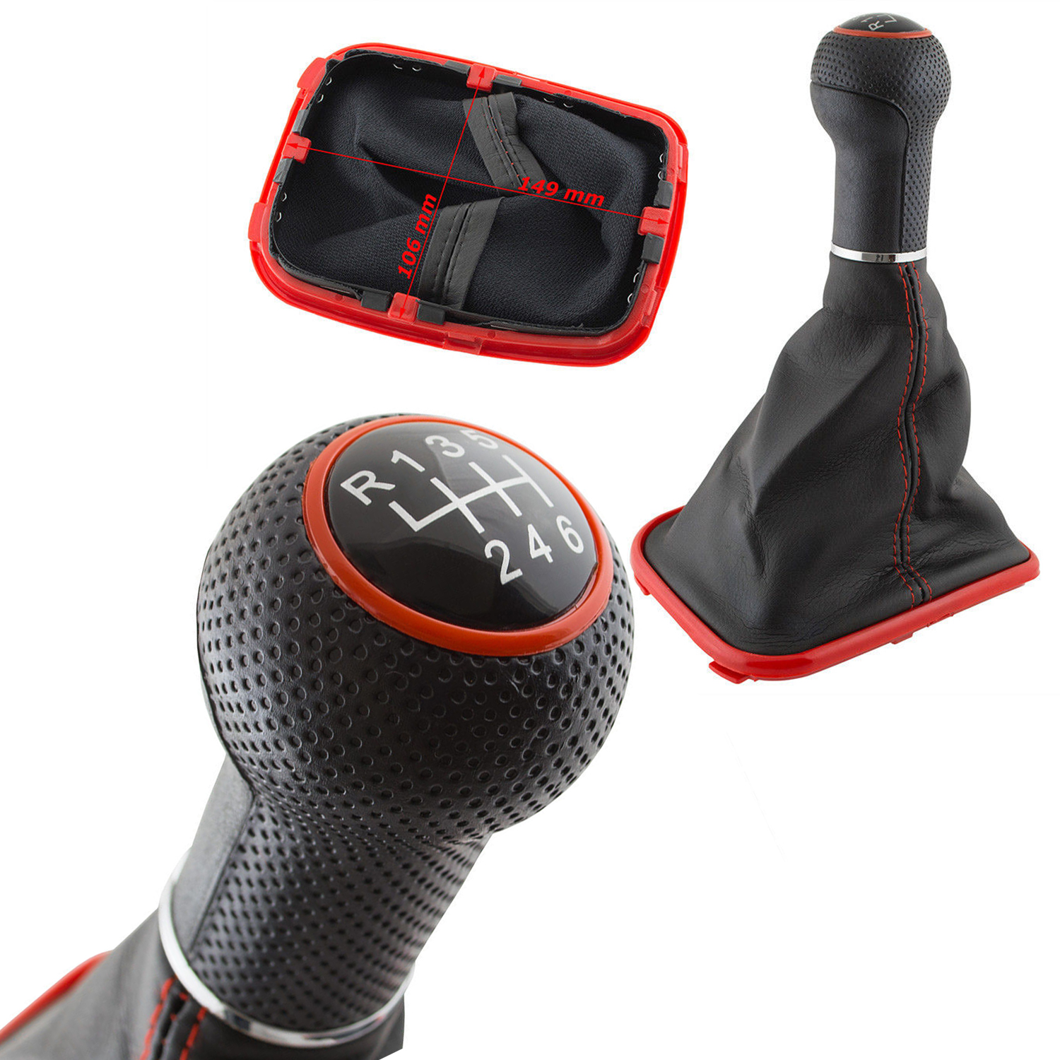 PREMIUM Edition Schaltknauf Knauf Schwarz Rot Leder 6-Gang für VW Golf 4 IV Bora