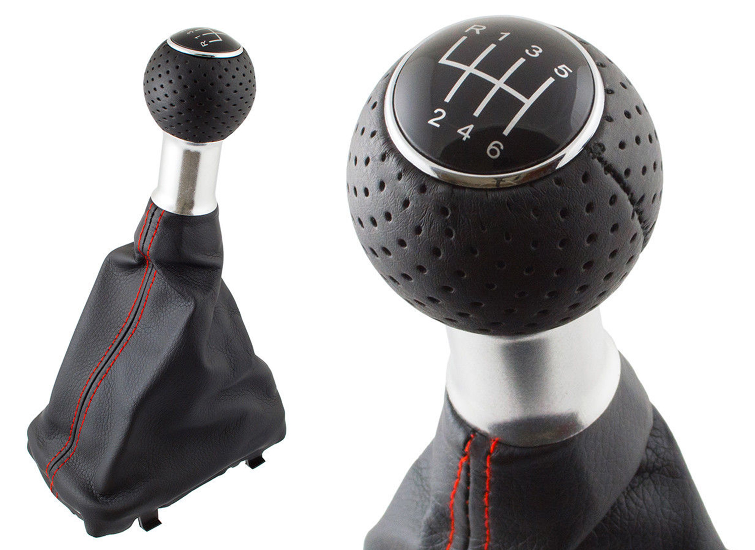 PREMIUM Schaltknauf Loch-Leder Alu Schwarz Naht Rot 6-Gang für Audi A3 S3 8L