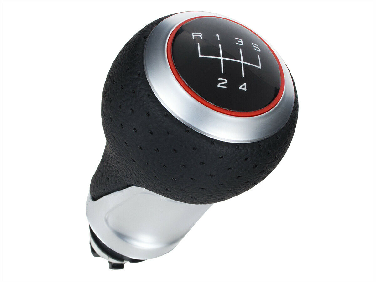 Schaltknauf Knauf Alu Schwarz Rot Loch Leder 5-Gang passend für viele Fahrzeuge