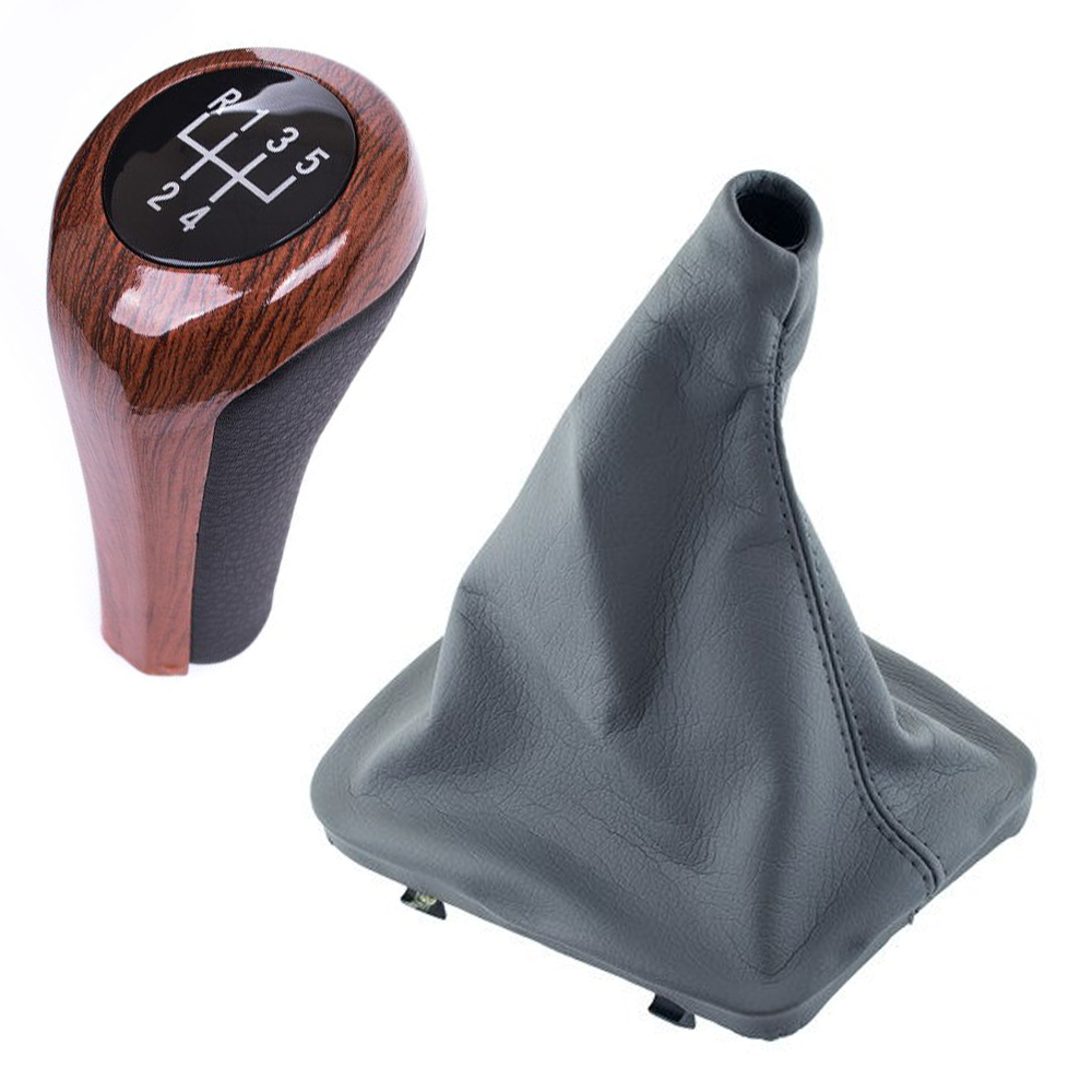 Schaltknauf Holz Look 5-Gang + Schaltmanschette GRAU für BMW 3er E46 1998-2005