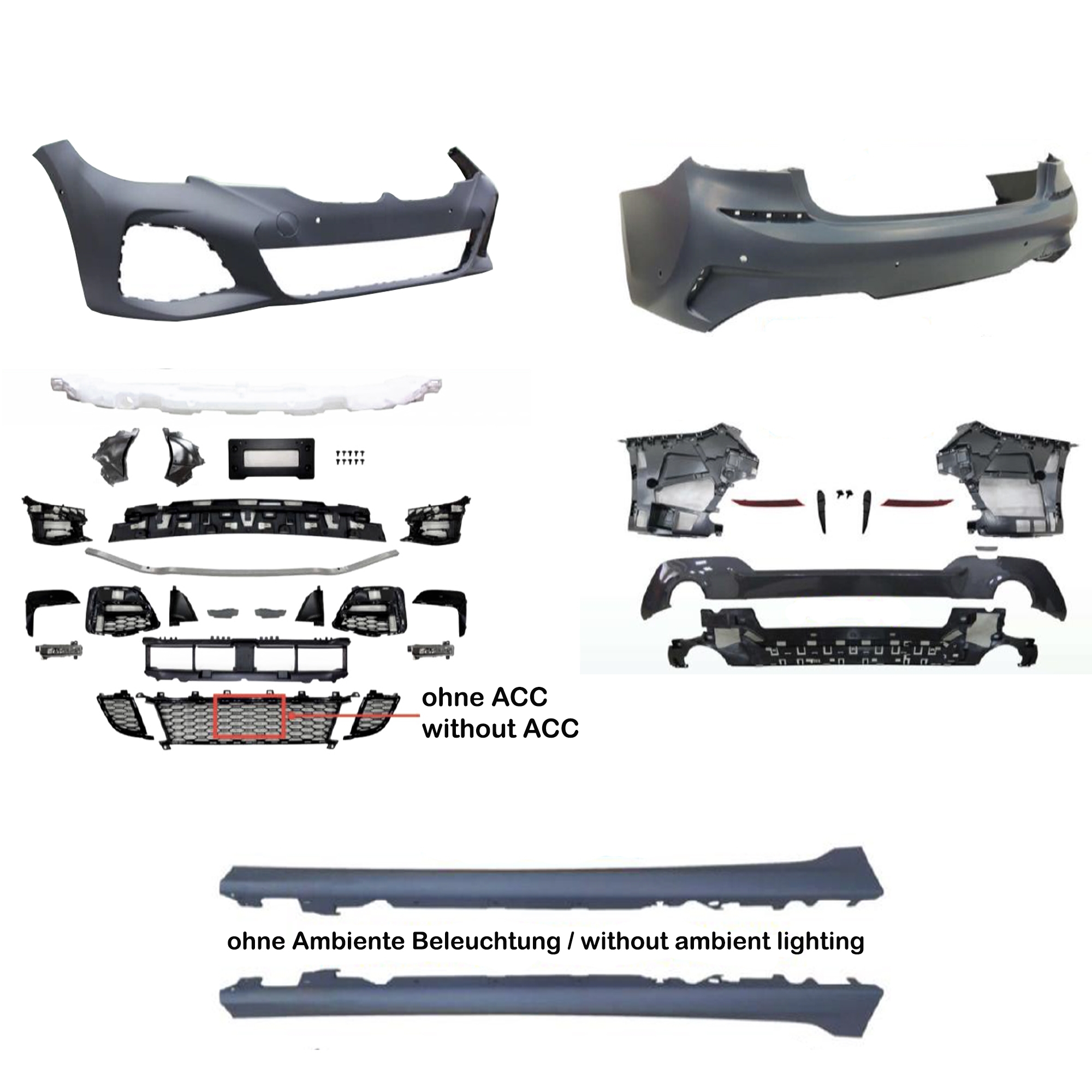 JMT LOOK! Front Stoßstange + Heck Stoßstange + Seitenschweller (Sport Paket) + Gitter Mitte Links Rechts für Ihren BMW 3er G20 ab 2019-