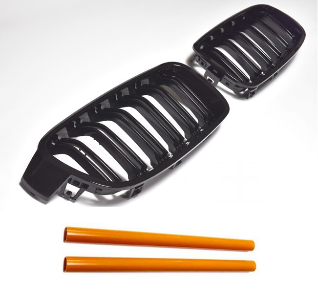 Kühlergrill Sportgrill Grill Gitter Schwarz Glanz + Grill Streben in ORANGE für BMW 3er F30 / F31 ab 2011-2019