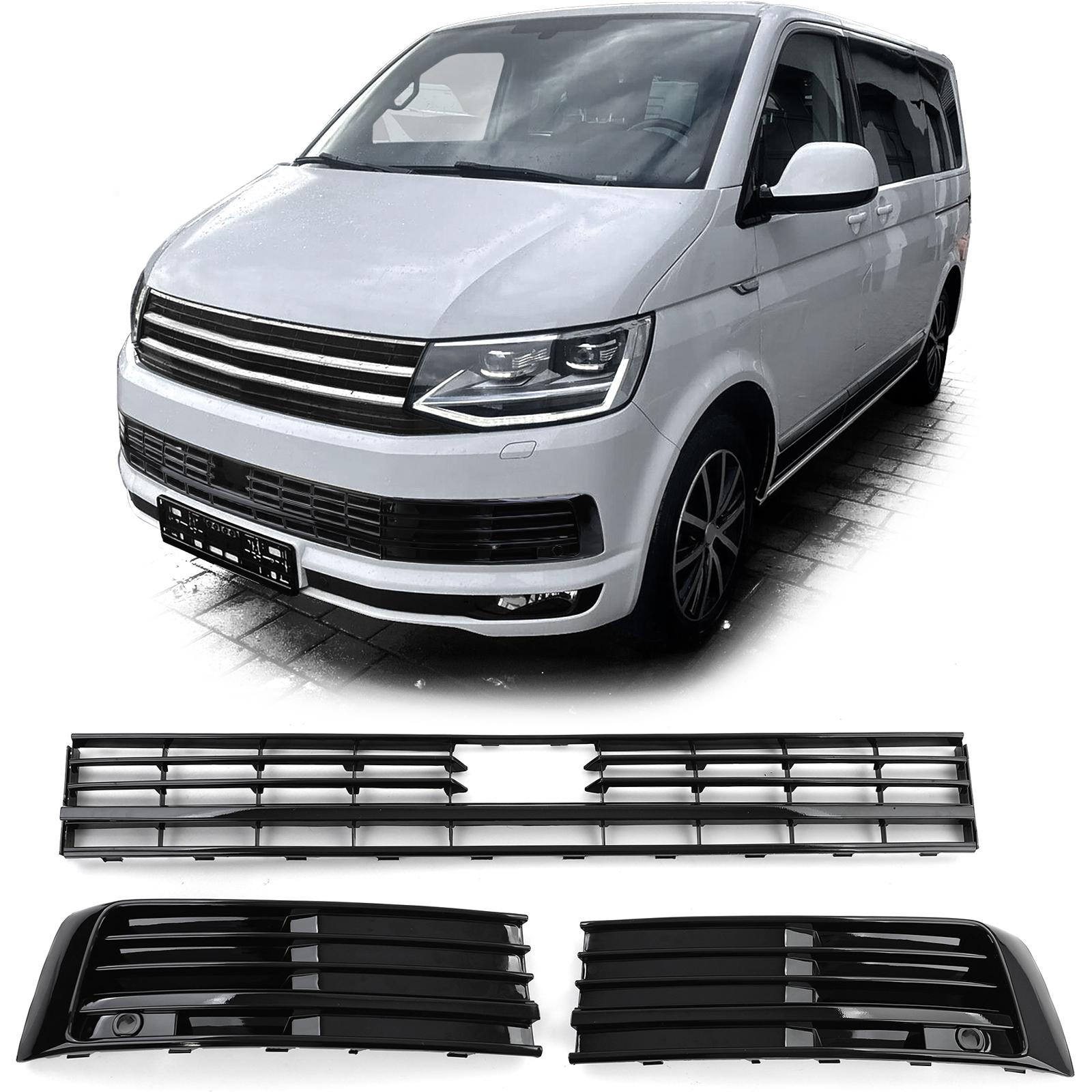 Kühlergrill Gitter Stoßstange LINKS RECHTS MITTE Schwarz Glanz für VW T6 VI mit ACC ab 2015-2019