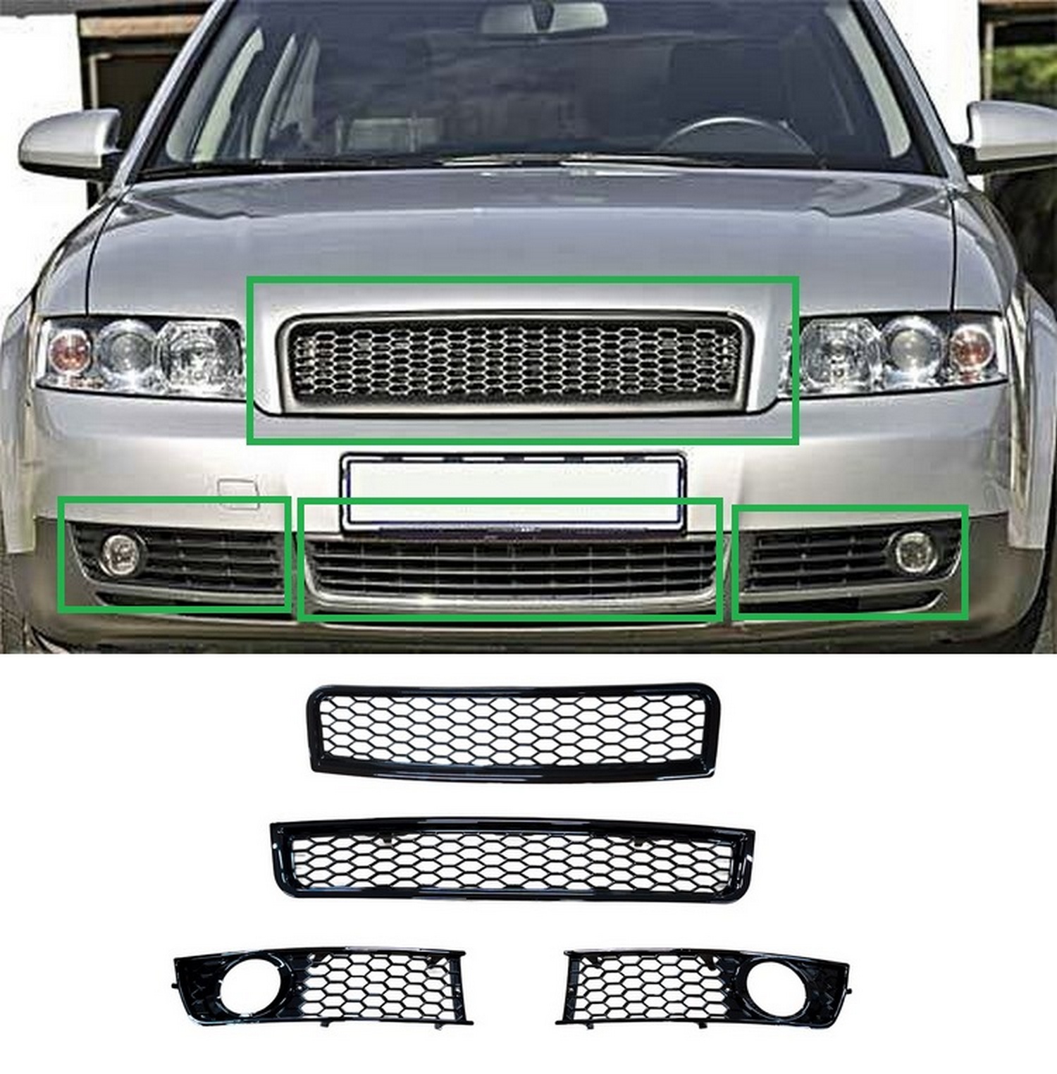Kühlergrill + Stoßstange Waben Gitter LINKS + RECHTS + MITTE SCHWARZ GLANZ für Audi A4 8E B6 ab 2001-2005