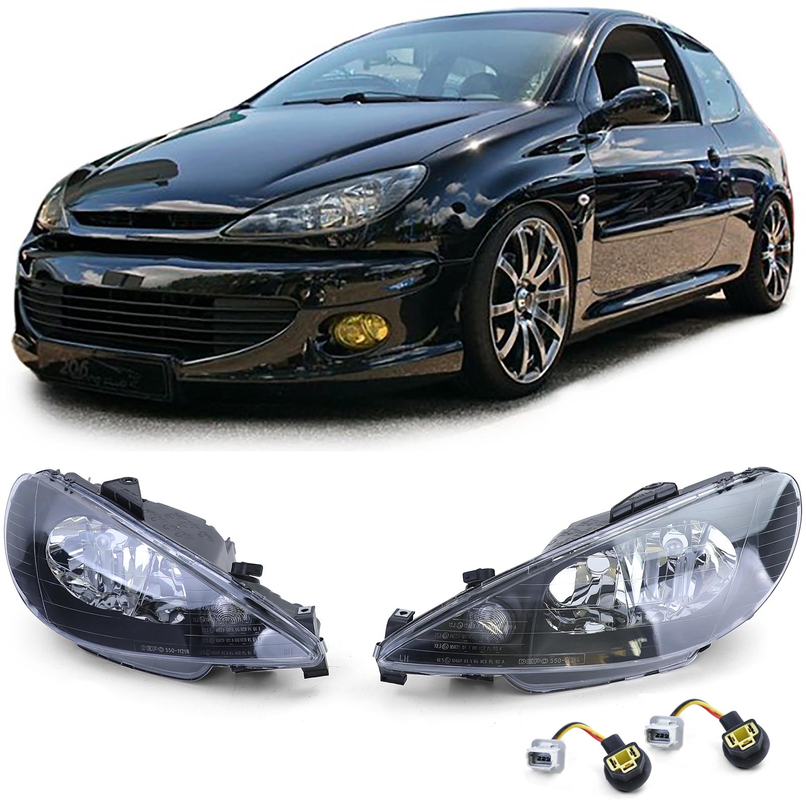 Klarglas Scheinwerfer Schwarz H7 H7 + Adapter für Peugeot 206 1998-2008