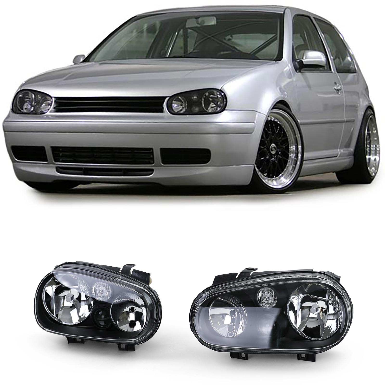 Klarglas Scheinwerfer Schwarz mit Nebelscheiwerfer Links + Rechts für VW Golf IV 4 97-03