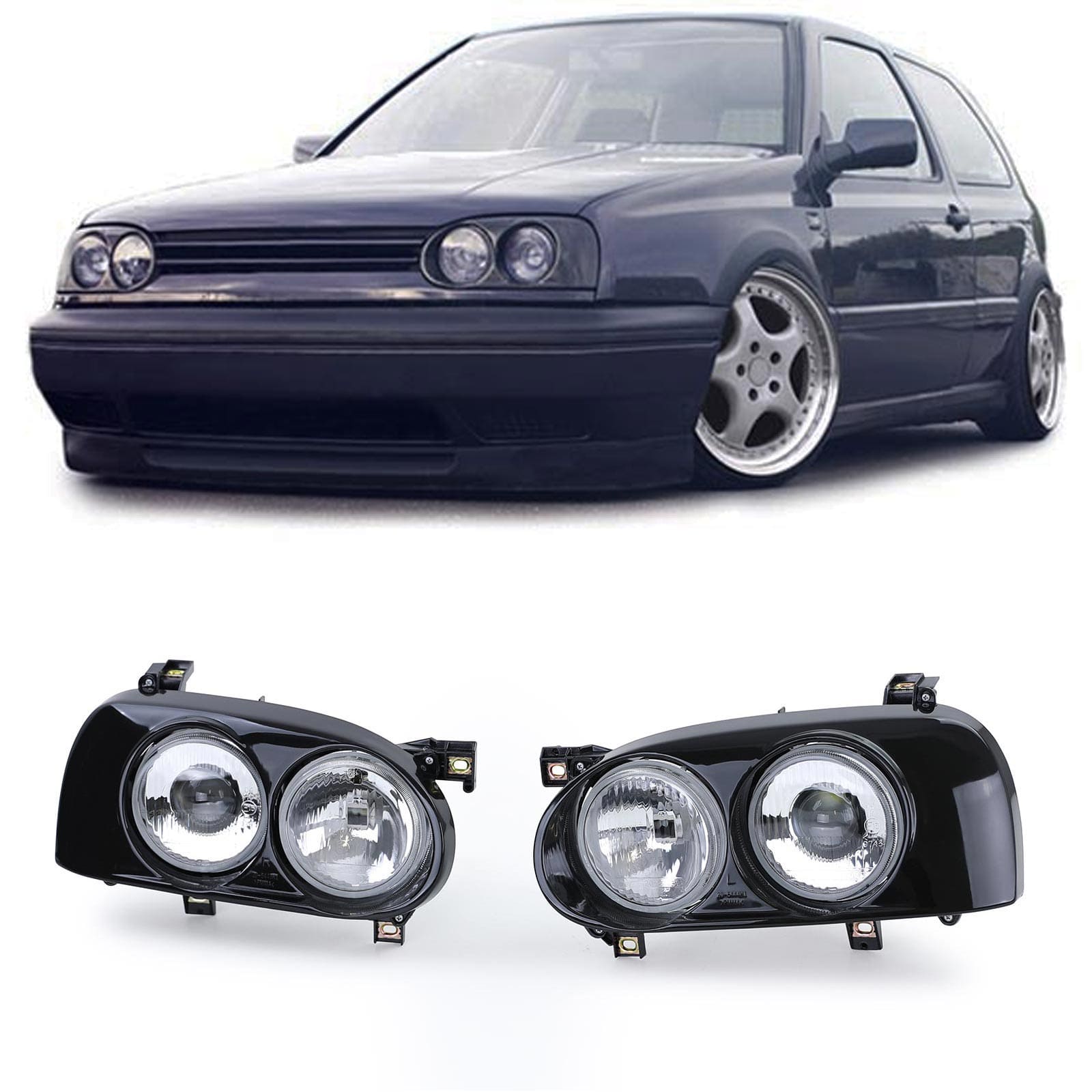 DE Doppel Scheinwerfer H1 H3 Schwarz Links + Rechts für VW Golf 3 III ab 91-97
