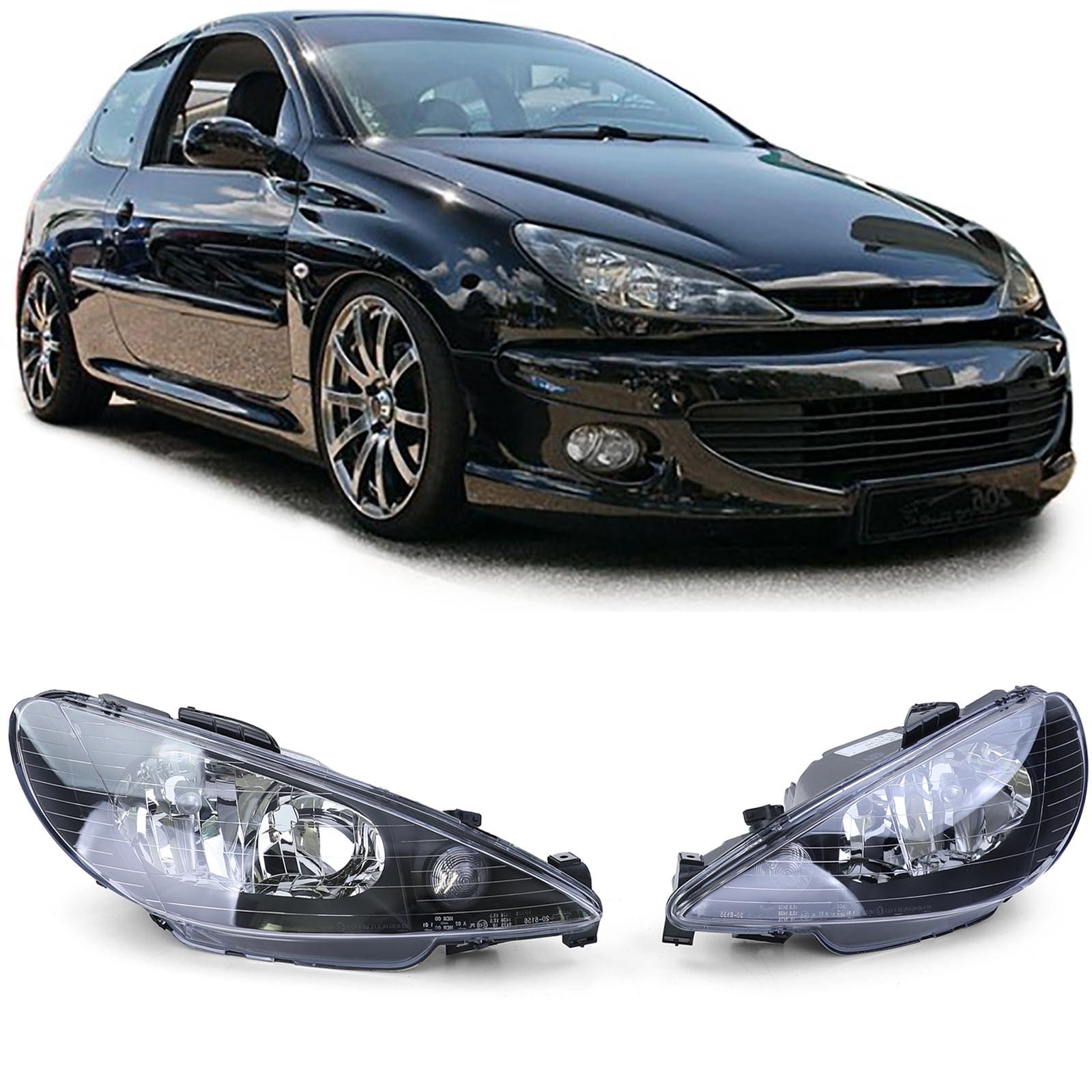 Klarglas Scheinwerfer Schwarz H7 H7 Links + Rechts für Peugeot 206 03-06 + GTi