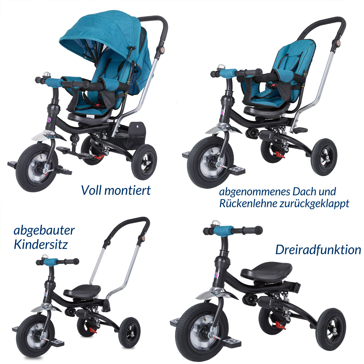Dach 4 in 1 Kinder Dreirad Kinderdreirad Buggy Schiebstange Regenverdeck