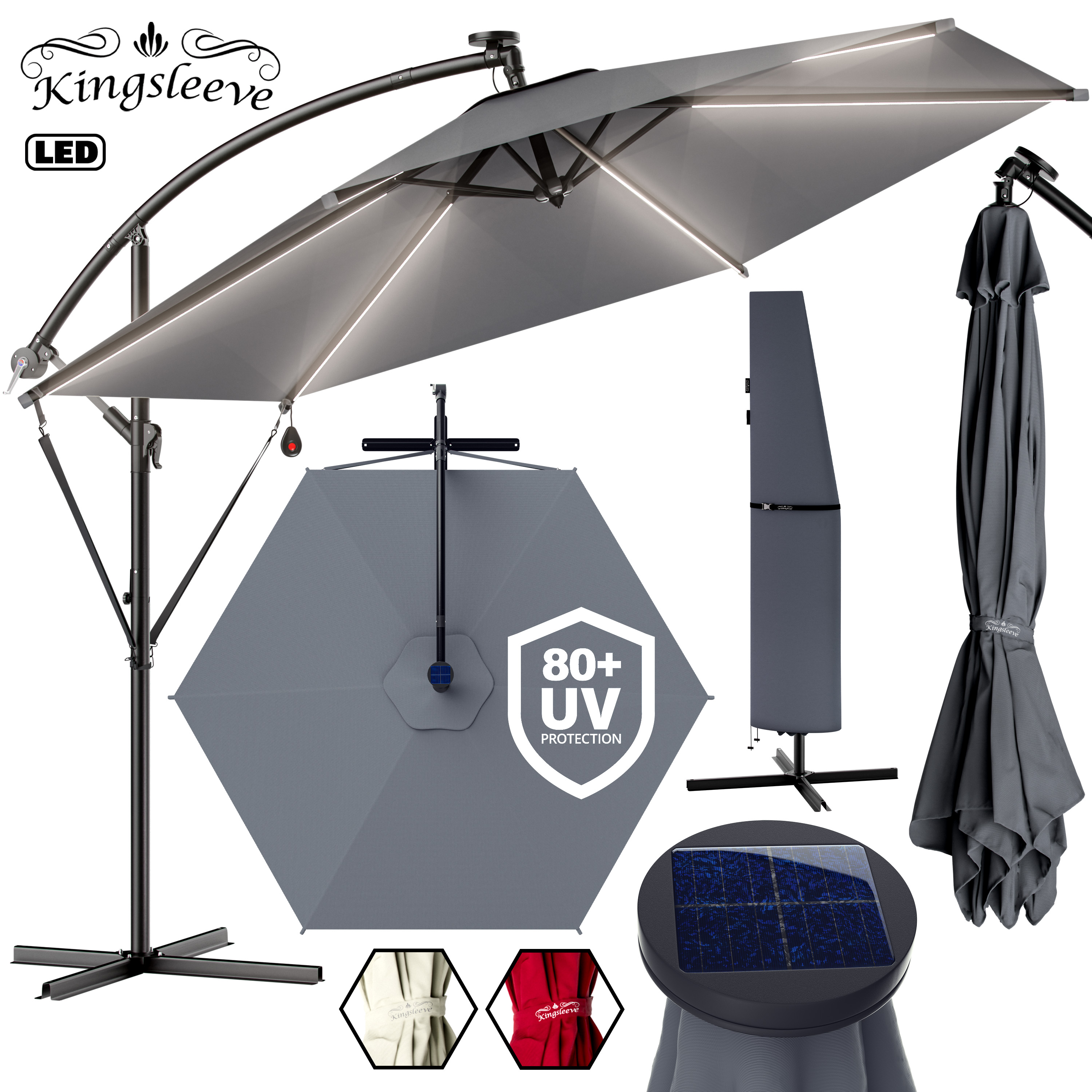 Kingsleeve Ampelschirm 300cm Mit LED Beleuchtung - Solar Betrieben