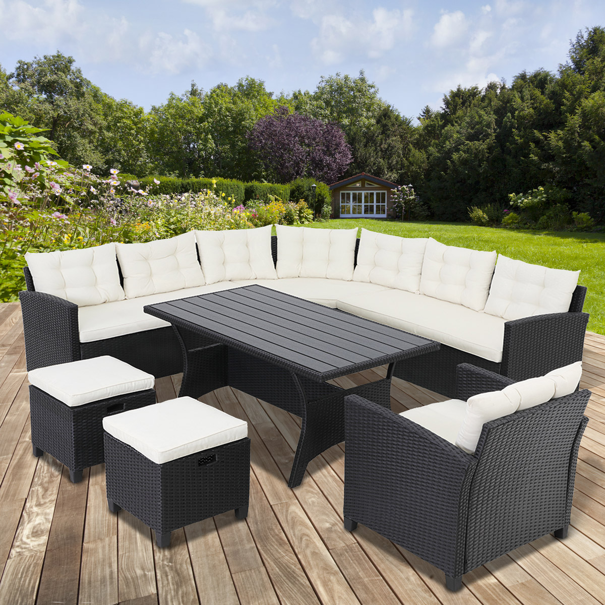 Sitzgruppe Gartenmöbel Lounge Poly Rattan Ecklounge WPC Essgruppe