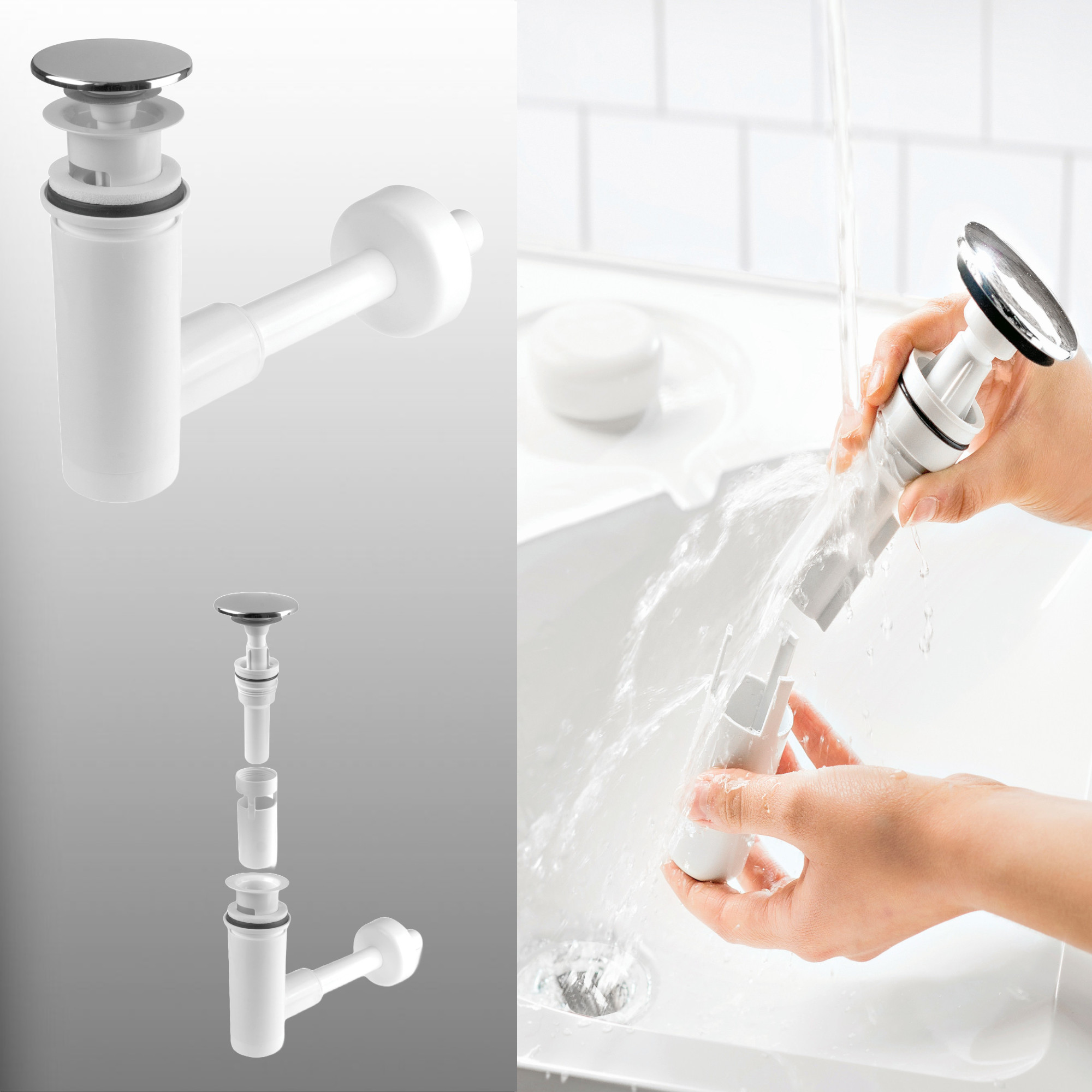 LAXARA® Pop Up Ablaufgarnitur Rund Chrom – Innovative Reinigungsfunktion  und platzsparender Siphon für Waschbecken