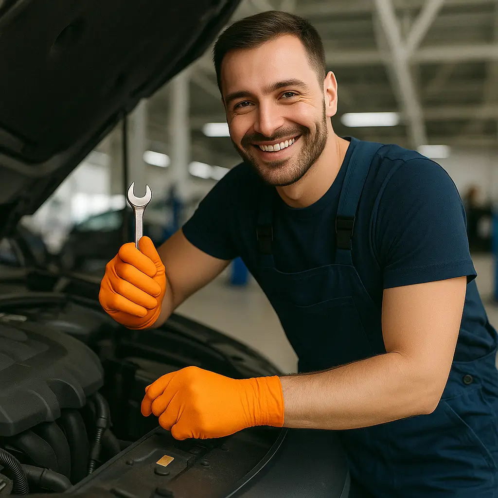 Orange Nitrilhandschuhe in der Werkstatt