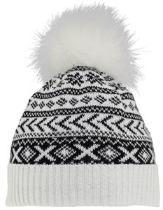 gemusterte Strickmütze mit Pompom aus echtem Pelz 