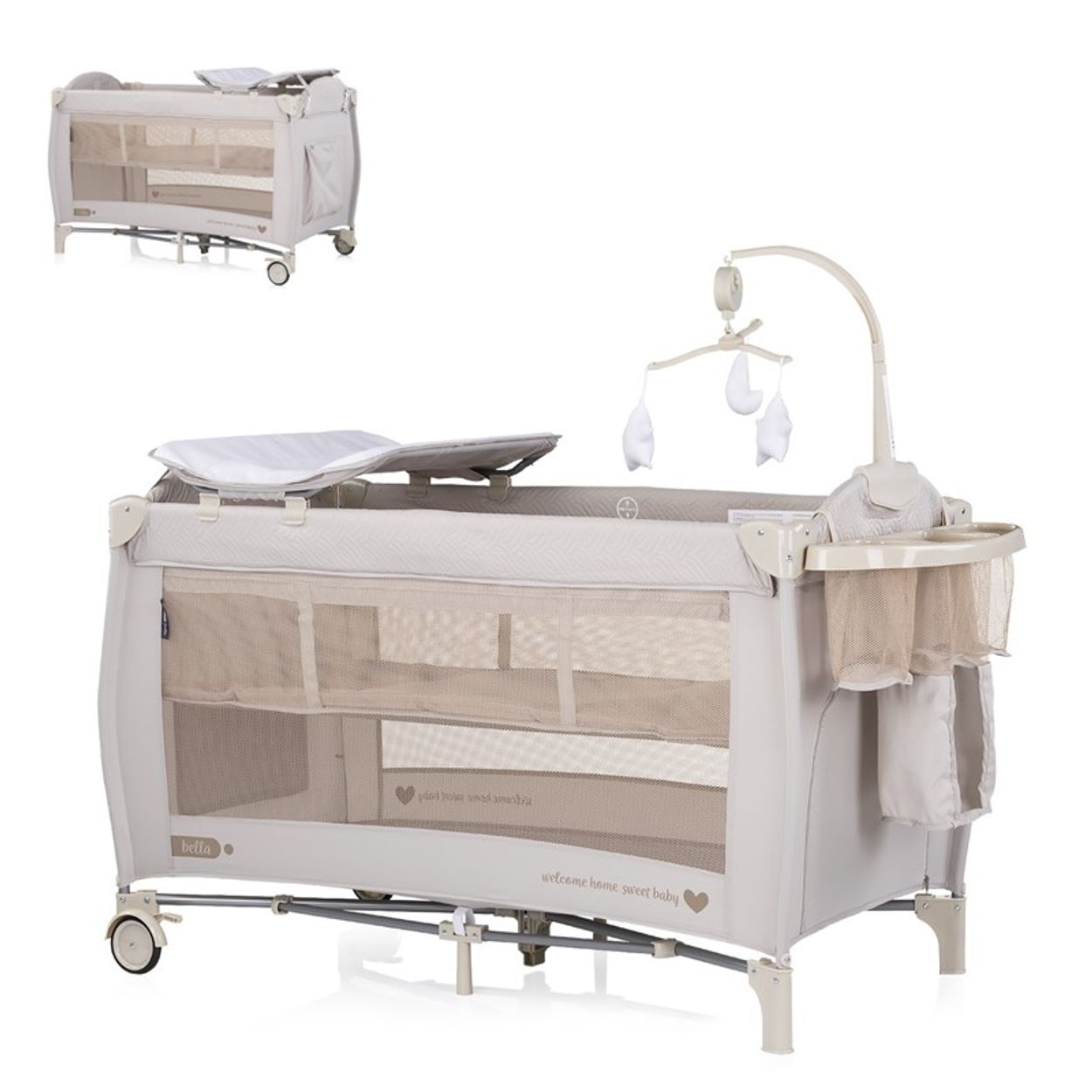 Chipolino Reisebett Bella 2 Ebenen seitlicher Eingang Musikmobile Wickelauflage