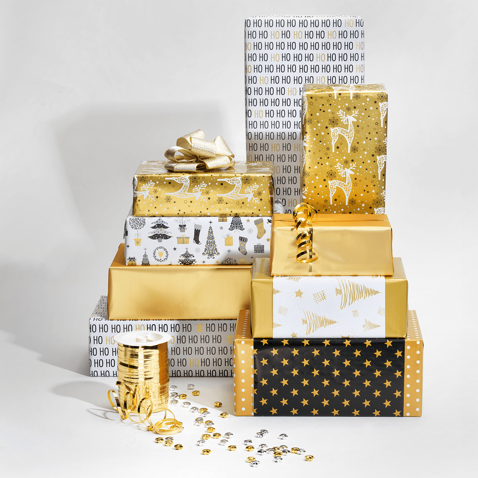 Doppelseitiges Weihnachts-Geschenkpapier in Schwarz & Gold mit Sternen & Punkten – 50 m Geschenkpapier-Rolle - 8 Doppelseitiges Weihnachts-Geschenkpapier in Schwarz & Gold mit Sternen & Punkten – 50 m Geschenkpapier-Rolle - 8