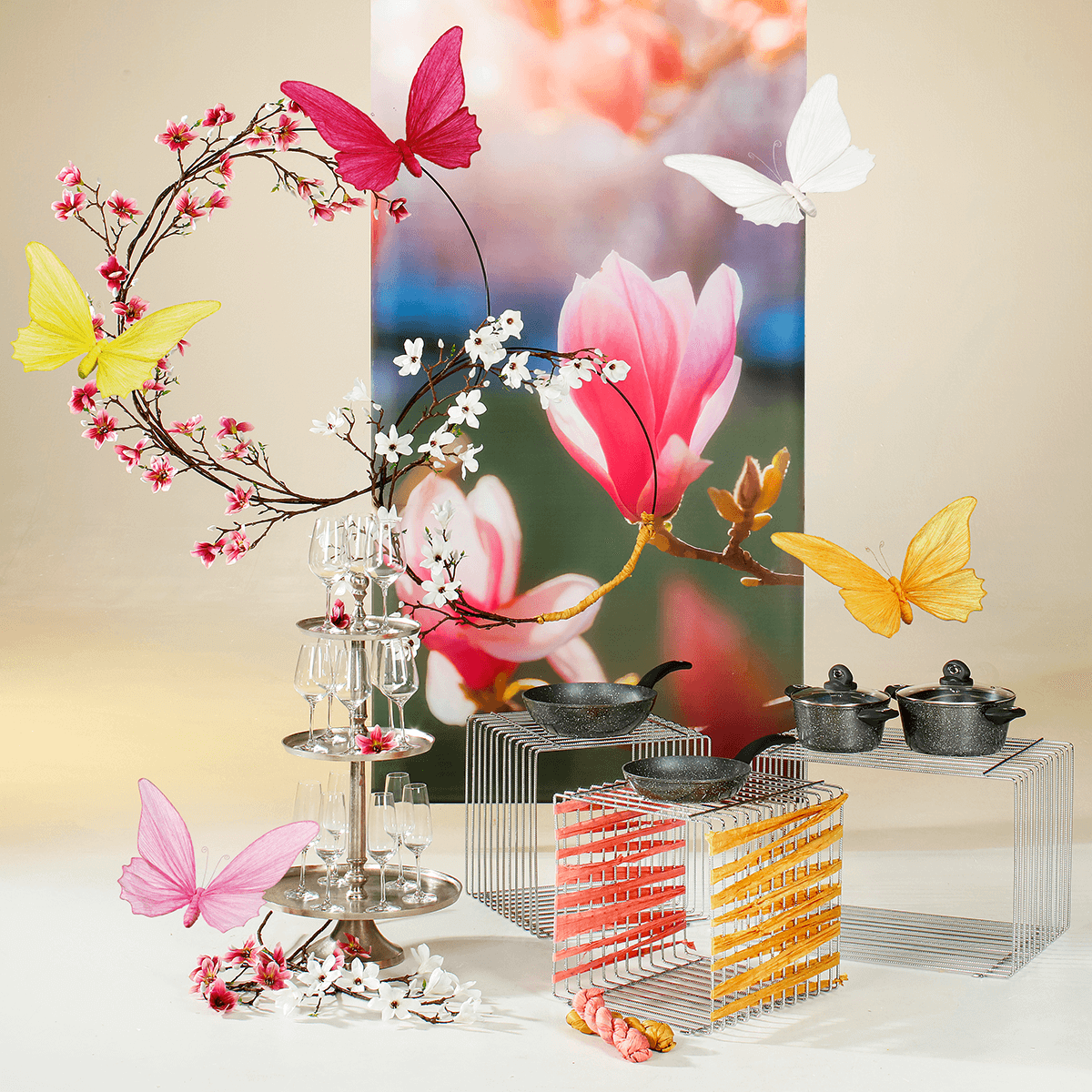 Ramo de magnolias artificial, rosado, 87 cm - 3 Ramo de magnolias artificial, rosado, 87 cm - 3