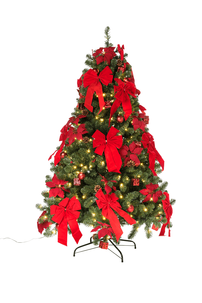 Artificial Christmas tree decorated with LED, red Christmas baubles, bows, poinsettias and small gifts 240 cm
