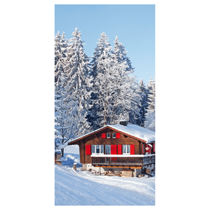 Flame retardant fabric banner "Ski hut with red shutters" made of flag fabric 100 x 200 cm