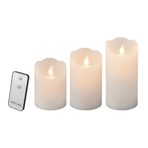 Juego de velas de cera LED 3 piezas blanco 7,5 cm Ø, 15/12,5/10 cm de altura