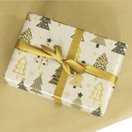 Recycled kraft paper with Christmas trees in beige, black & gold - 50 m wrapping paper roll - 1