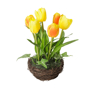 Tulipes artificielles en corbeille jaune, 20 cm