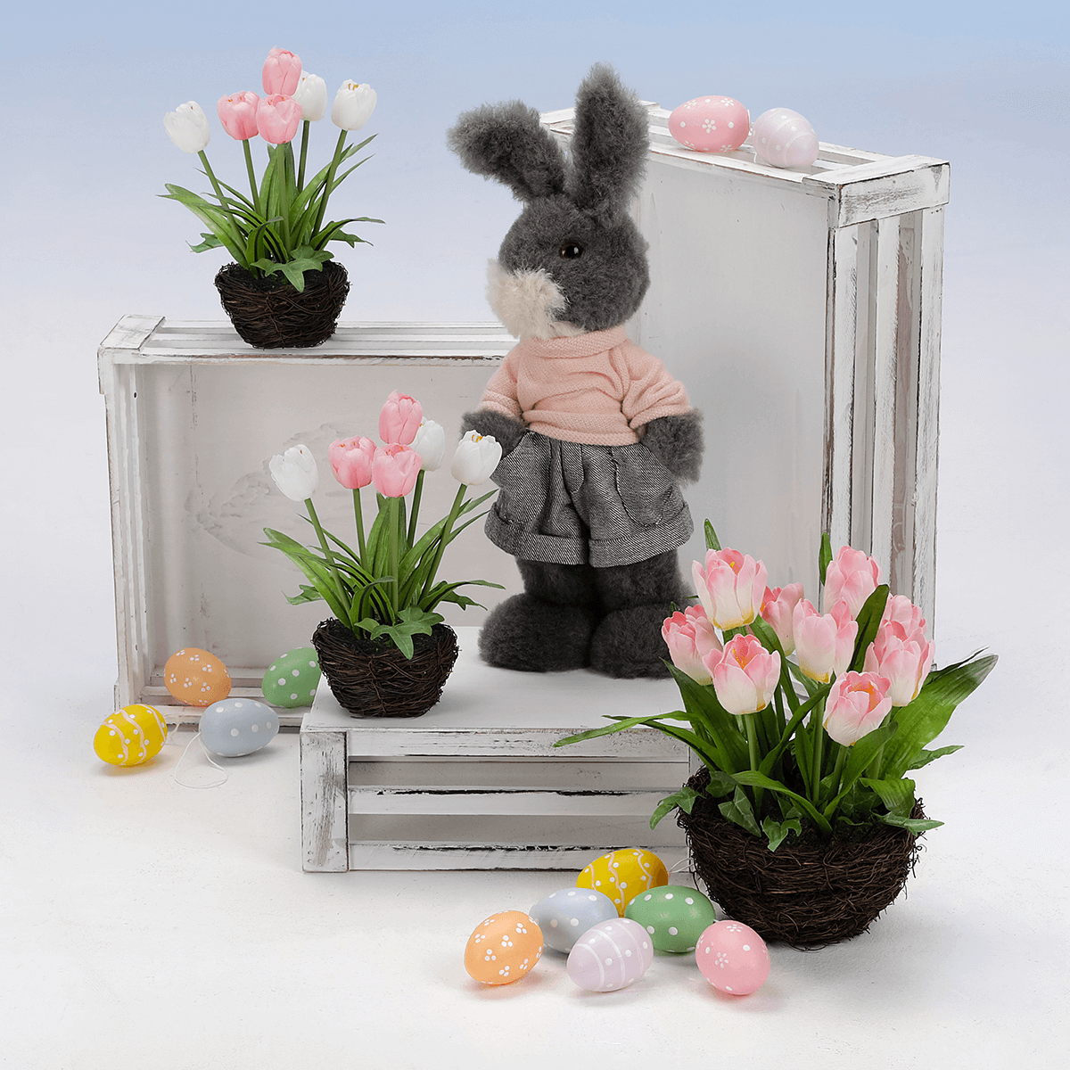 Künstliche Tulpen im Korb rosa - weiß,  25 cm - 3 Künstliche Tulpen im Korb rosa - weiß,  25 cm - 3