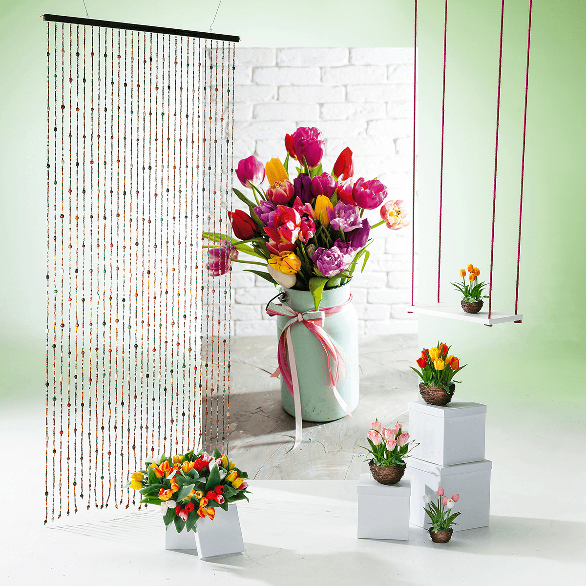 Künstliche Tulpen im Korb rosa - weiß,  25 cm - 4 Künstliche Tulpen im Korb rosa - weiß,  25 cm - 4