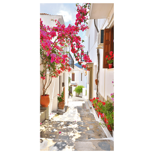 Flame retardant fabric banner "mediterranean alley with bougainvillea