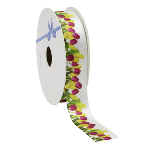 Satin ribbon gift ribbon with tulips motif, 23 mm, 20 m