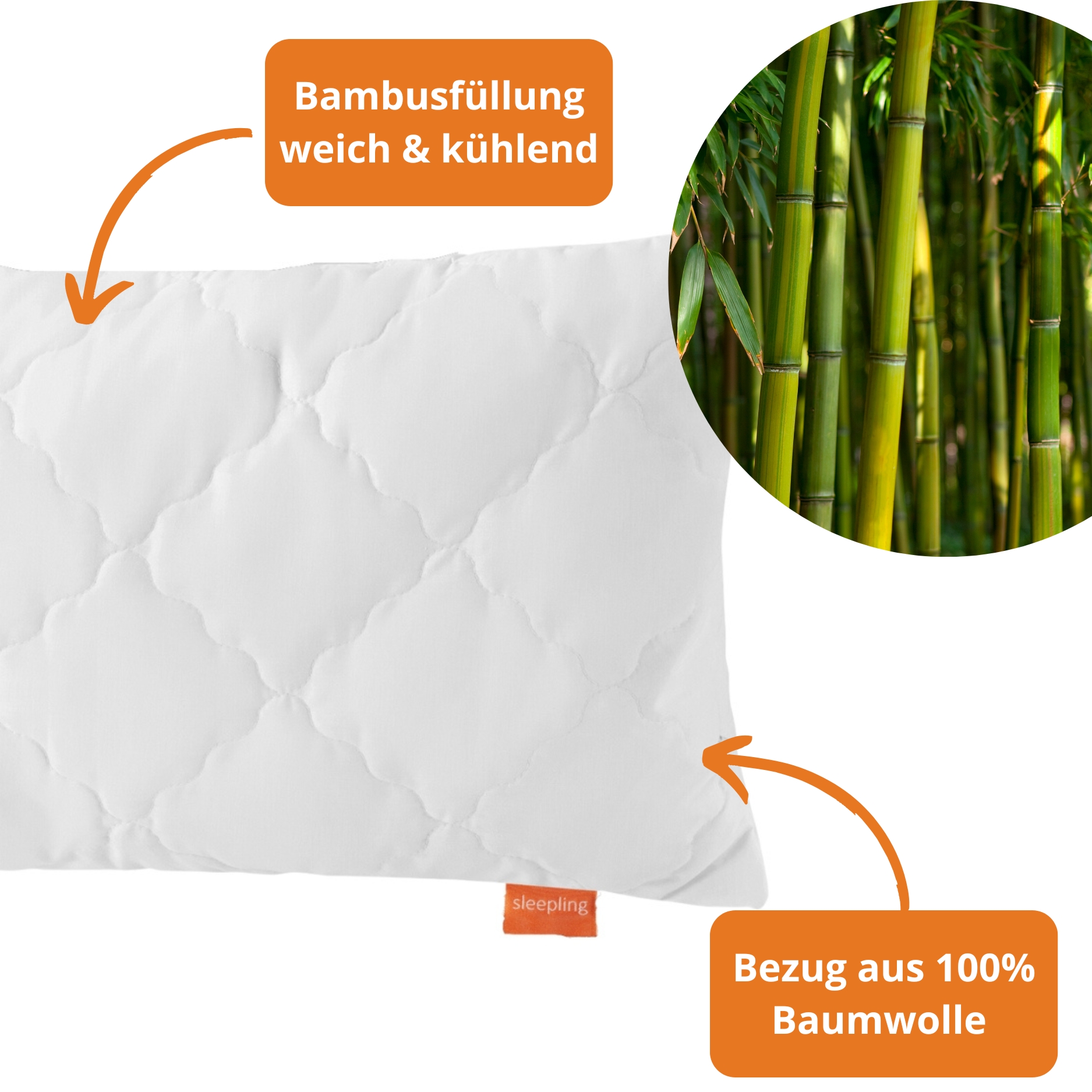 sleepling Kopfkissen Bambus, Bezug 100 % Baumwolle versteppt mit 100%  Viskose (Bambus-Zellstoff), kotex, waschbar, wei | sleepling