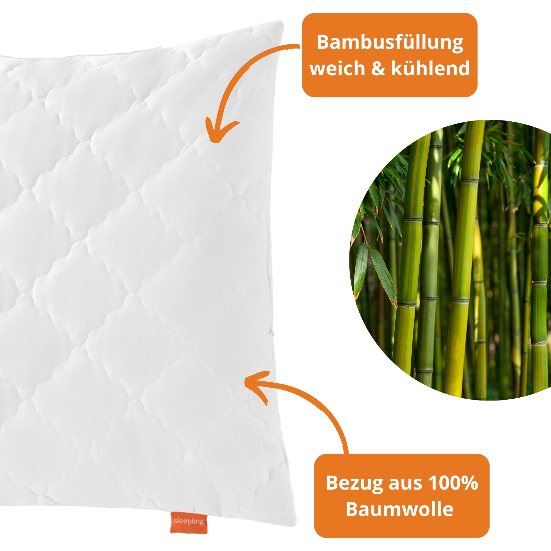 sleepling Kopfkissen Bambus, Bezug 100 % Baumwolle versteppt mit 100%  Viskose (Bambus-Zellstoff), kotex, waschbar, wei | sleepling