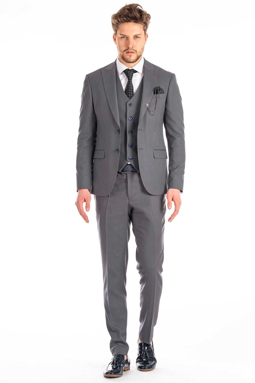 Alltagsanzug Grau mit blauen Knöpfen (Slim-Fit) Prestije Mode Alltagsanzug Grau mit blauen Knöpfen (Slim-Fit)