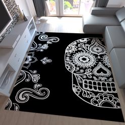 schwarz wei jugendzimmer, jugendzimmer teppich modern schwarz weiß kunstvoll totenkopf motiv, Design ideen