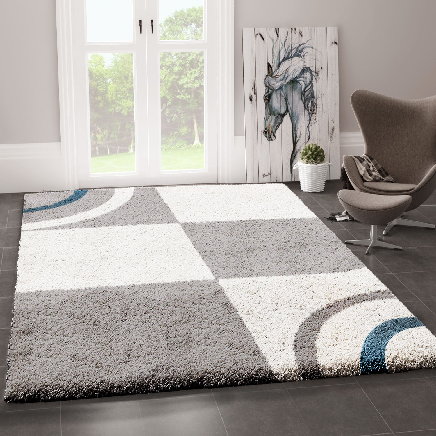 Wohnzimmer Teppich Hochflor Shaggy Deko kariert streifen Turkis Creme Grau  Pflegeleicht Modern prime4337_grau_7-14 | Vimoda Homestyle