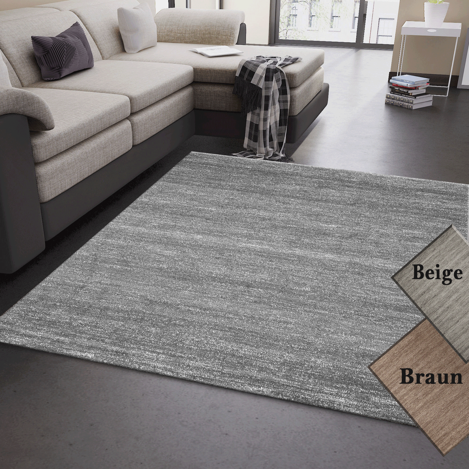 Wohnzimmer Teppich Grau Beige Braun Kurzflor Meliert ...