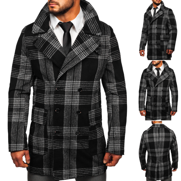 Mantel Sakko Jacke Wintermantel Casual Stehkragen Kariert Herren