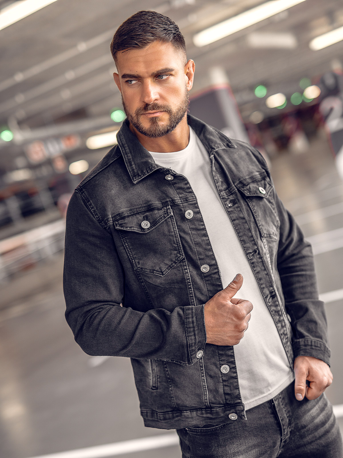 BOLF Herren Jeansjacke Classic – Übergangsjacke Sweatjacke Motiv Unifarben Mit Taschen