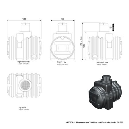 G0003611 Abwassertank 700 Liter mit Kontrollschacht DN 300 Zeichnung
