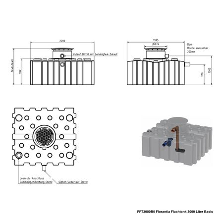 FFT3000B0 Florantia Flachtank 3000 Liter Basis Zeichnung