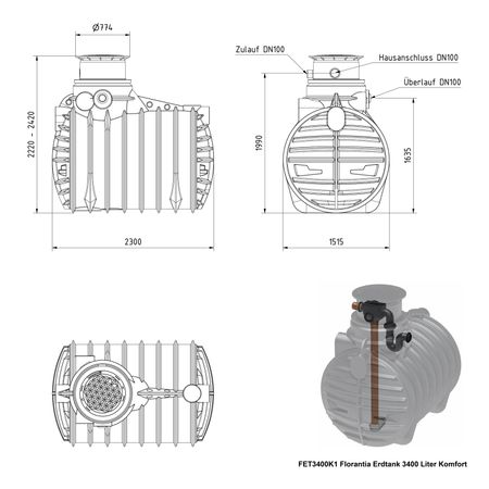 FET3400K1 Florantia Erdtank 3400 Liter Komfort Zeichnung