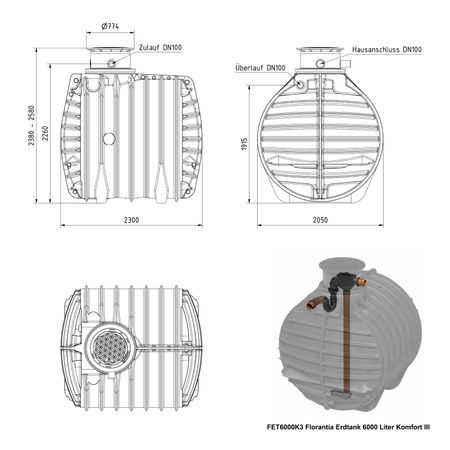 FET6000K3 Florantia Erdtank 6000 Liter Komfort III Zeichnung